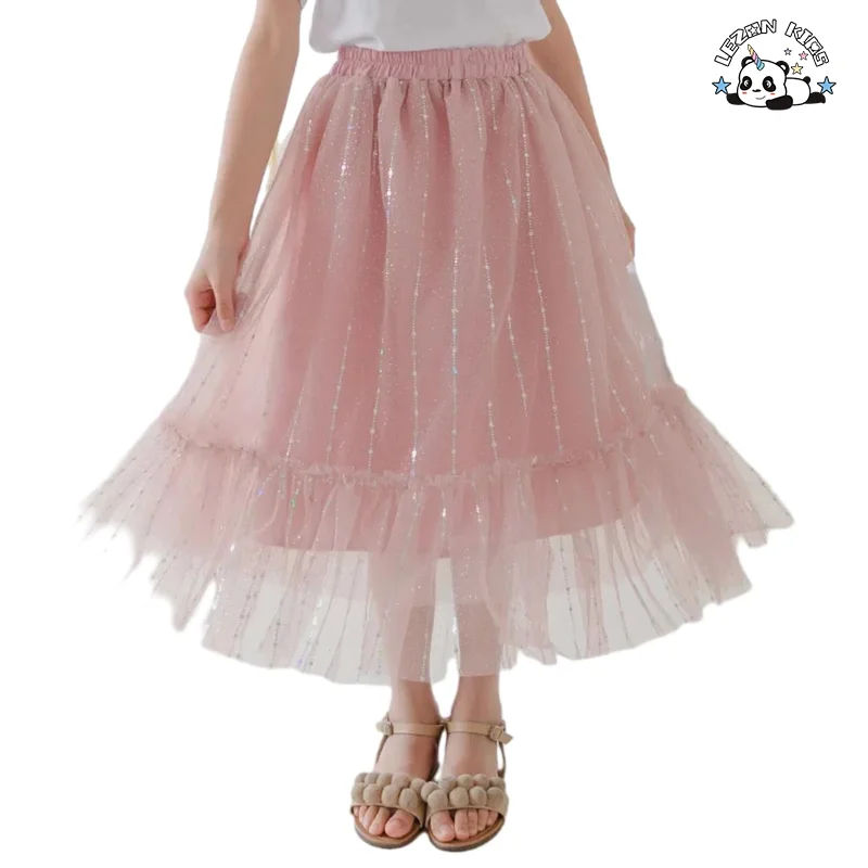 LEZONKIDS - Saia Longa de Tule com Estampa de Folha de Prata para Meninas, Personalizável, com Forro de Algodão Doce